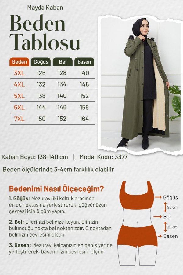 Mayda Büyük Beden Tam Boy İçi Kürklü Kaban - Haki Mayda Büyük Beden Tam Boy İçi Kürklü Kaban - Haki