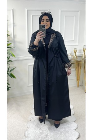 Setenay Tam Boy İçi Leoparlı Duble Kol Trenç-Siyah 