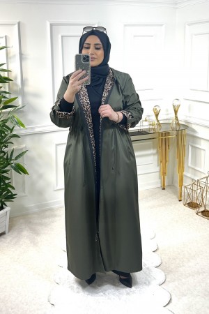 Setenay Tam Boy İçi Leoparlı Duble Kol Trenç-Haki 