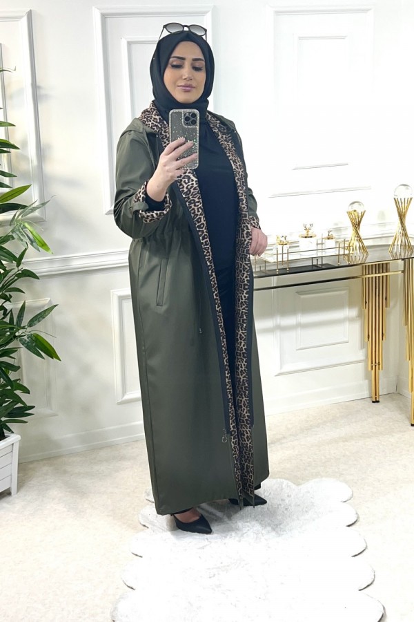 Setenay Tam Boy İçi Leoparlı Duble Kol Trenç-Haki Setenay Tam Boy İçi Leoparlı Duble Kol Trenç-Haki