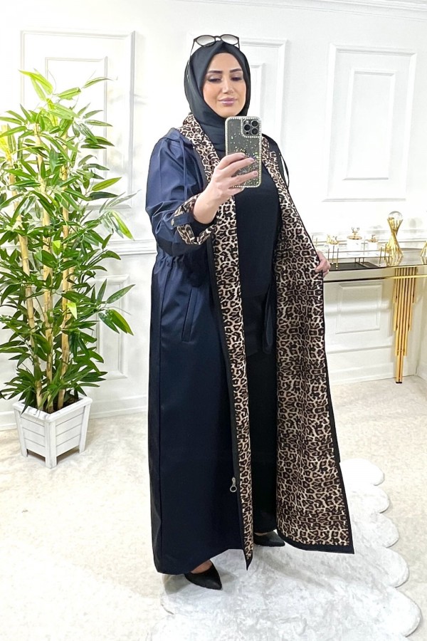 Setenay Tam Boy İçi Leoparlı Duble Kol Trenç-Lacivert Setenay Tam Boy İçi Leoparlı Duble Kol Trenç-Lacivert