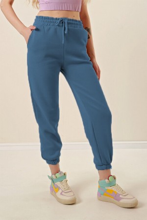 Büyük Beden Erva Üç İplik Paçası Lastikli Eşofman Alt - Petrol Mavi