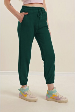 Büyük Beden Erva Üç İplik Paçası Lastikli Eşofman Alt - Zümrüt