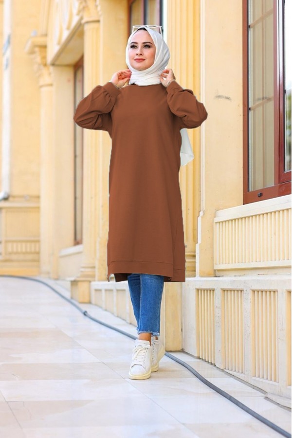 Mehtap Büyük Beden İki İplik Tunik - Açık Kahve Mehtap Büyük Beden İki İplik Tunik - Açık Kahve