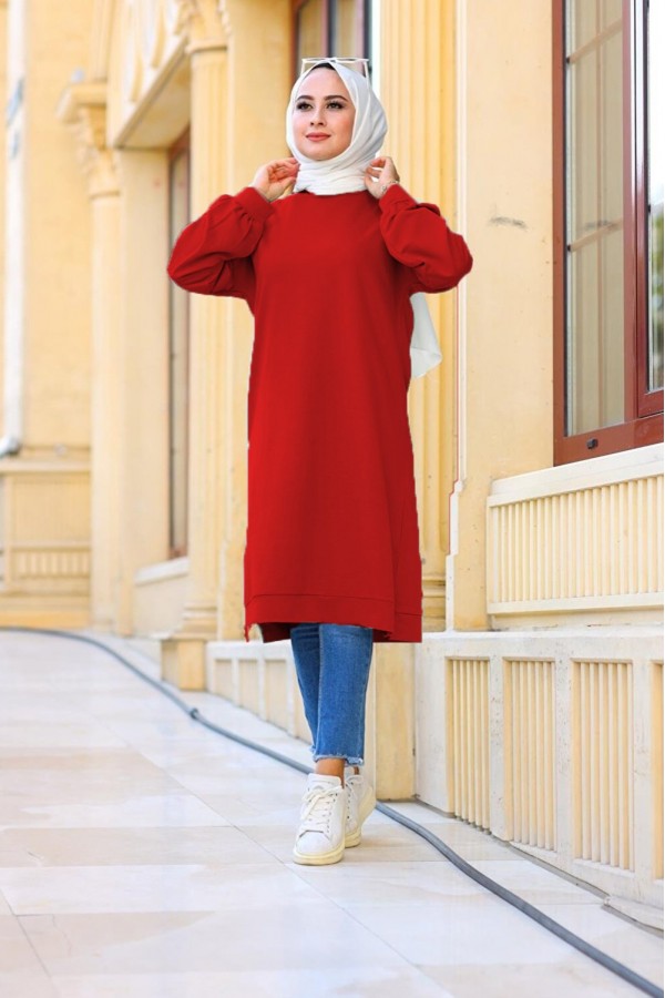 Mehtap Büyük Beden İki İplik Tunik - Kırmızı Mehtap Büyük Beden İki İplik Tunik - Kırmızı