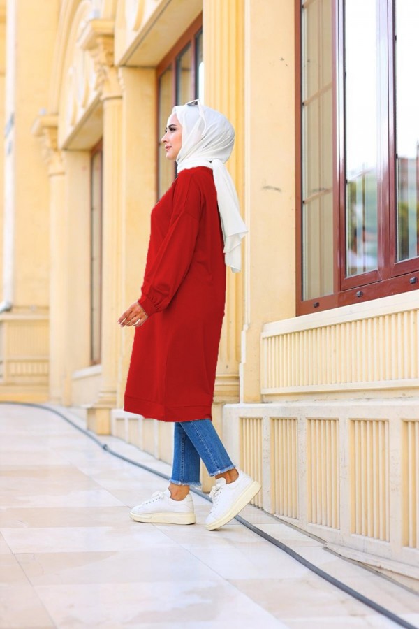 Mehtap Büyük Beden İki İplik Tunik - Kırmızı Mehtap Büyük Beden İki İplik Tunik - Kırmızı