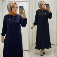 Gök Ayrobin Elbise - Taşlı Broş Hediyeli - Siyah 