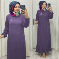 Gök Ayrobin Elbise - Taşlı Broş Hediyeli - Koyu Gül Kurusu