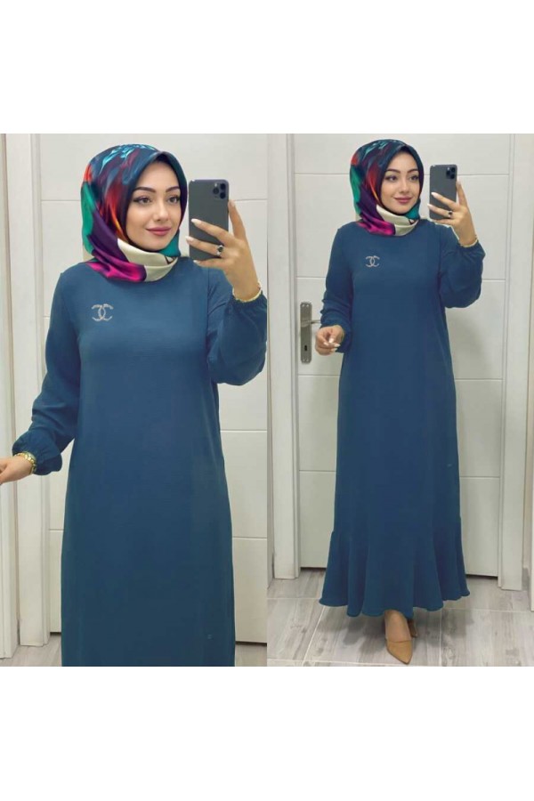 Gök Ayrobin Elbise - Taşlı Broş Hediyeli - İndigo Gök Ayrobin Elbise - Taşlı Broş Hediyeli - İndigo