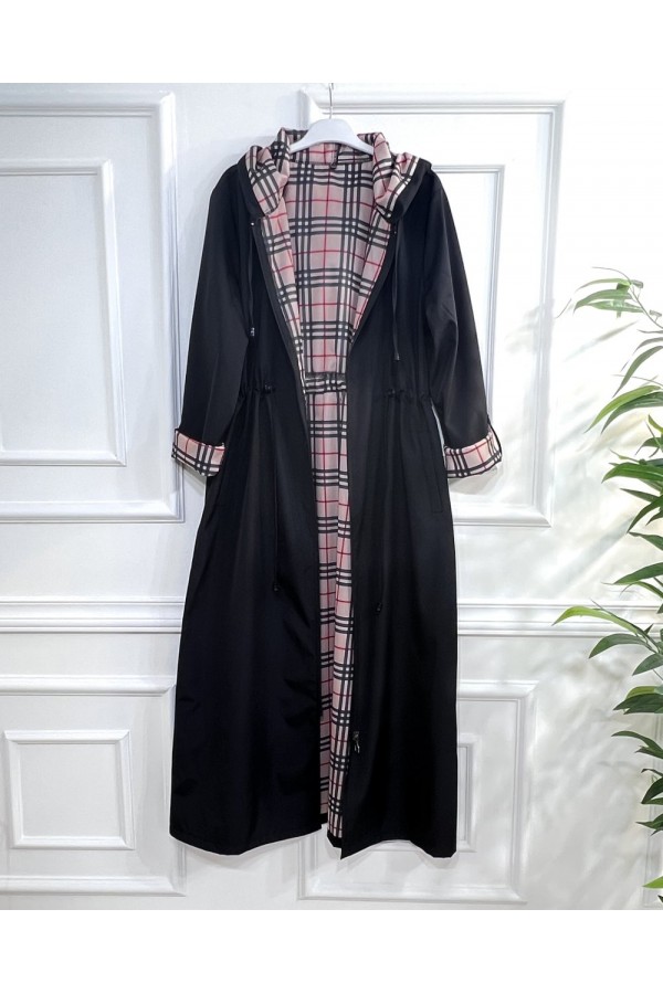 Ecmel İçi Ekose Desenli  Tam Boy Trenç - Siyah 