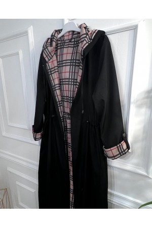 Ecmel İçi Ekose Desenli  Tam Boy Trenç - Siyah 