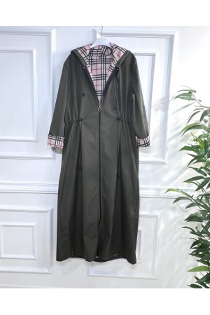 Ecmel İçi Ekose Desenli  Tam Boy Trenç - Haki 