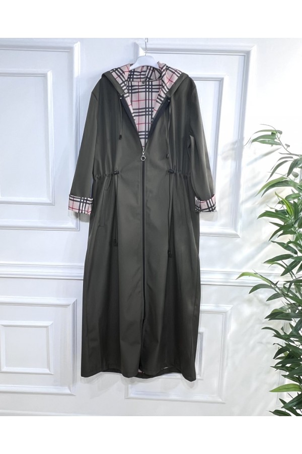 Ecmel İçi Ekose Desenli  Tam Boy Trenç - Haki 