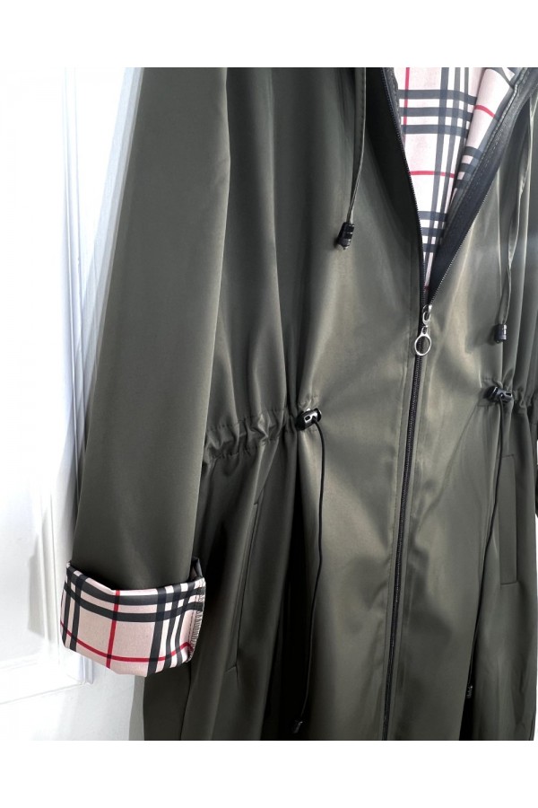 Ecmel İçi Ekose Desenli  Tam Boy Trenç - Haki 