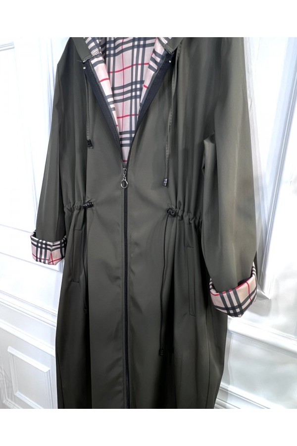 Ecmel İçi Ekose Desenli  Tam Boy Trenç - Haki 