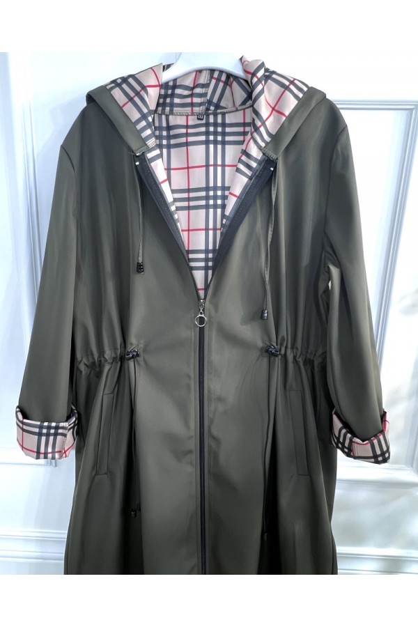 Ecmel İçi Ekose Desenli  Tam Boy Trenç - Haki 