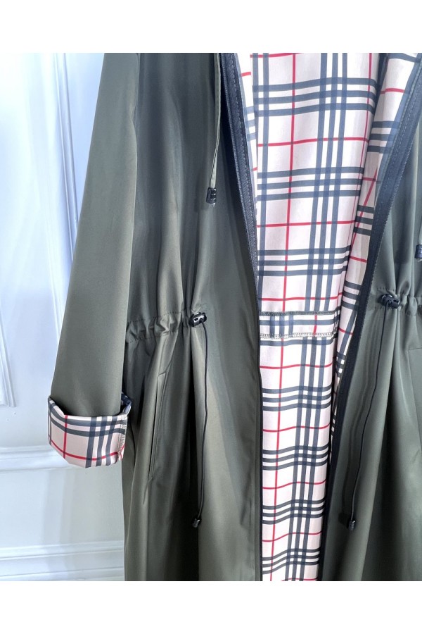 Ecmel İçi Ekose Desenli  Tam Boy Trenç - Haki 