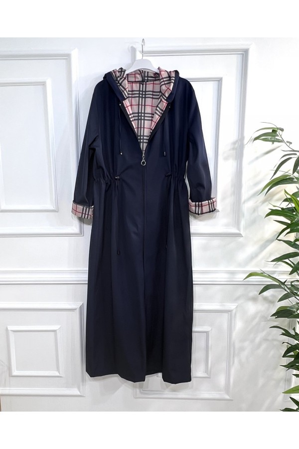 Ecmel İçi Ekose Desenli  Tam Boy Trenç - Lacivert 