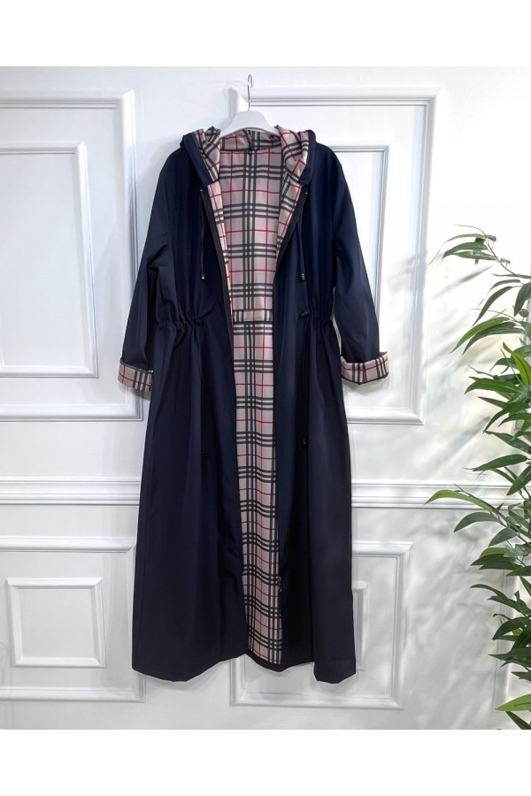 Ecmel İçi Ekose Desenli  Tam Boy Trenç - Lacivert 