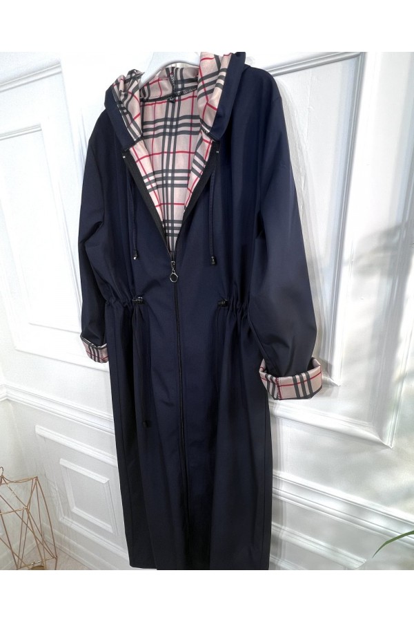 Ecmel İçi Ekose Desenli  Tam Boy Trenç - Lacivert 