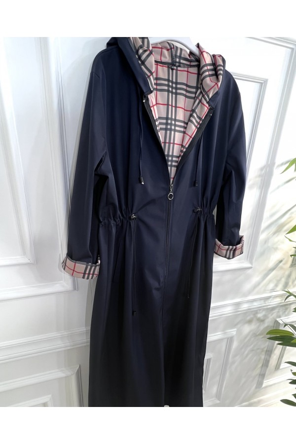 Ecmel İçi Ekose Desenli  Tam Boy Trenç - Lacivert 