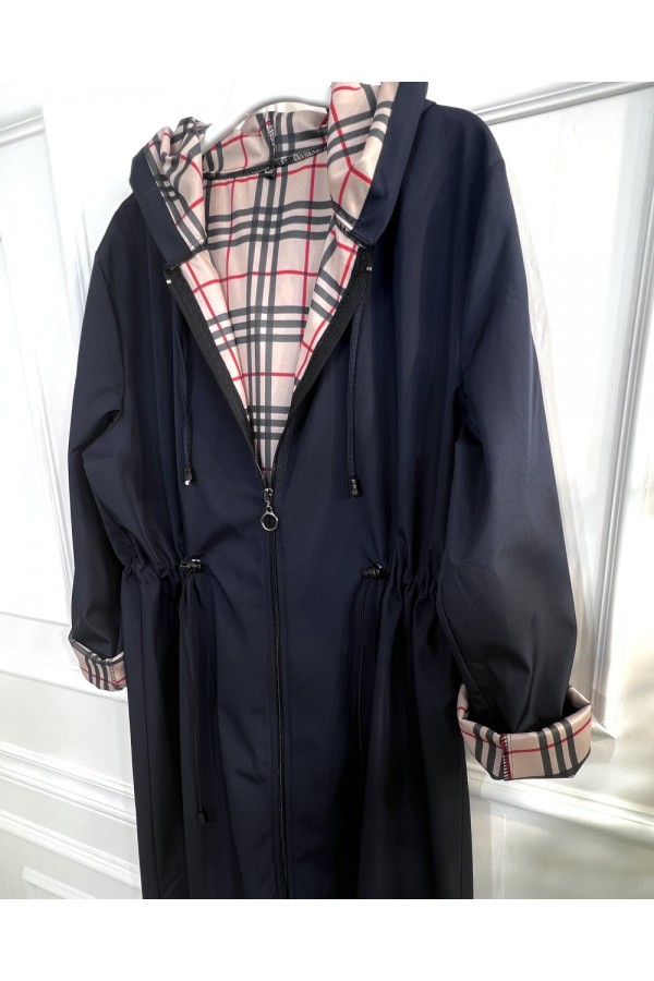Ecmel İçi Ekose Desenli  Tam Boy Trenç - Lacivert 