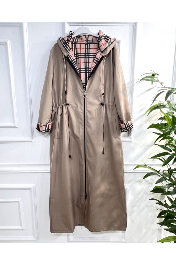 Ecmel İçi Ekose Desenli  Tam Boy Trenç - Bej 