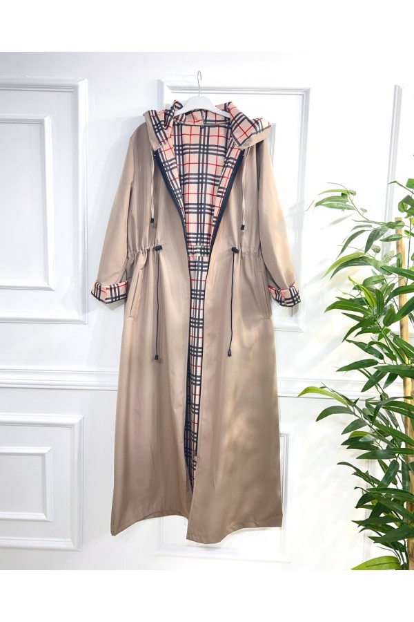 Ecmel İçi Ekose Desenli  Tam Boy Trenç - Bej 