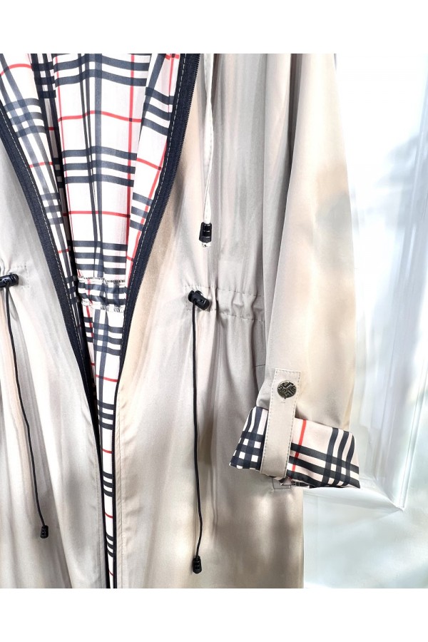 Ecmel İçi Ekose Desenli  Tam Boy Trenç - Bej 