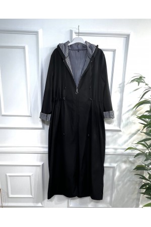 Açelya İçi Çizgili Tam Boy Trenç - Siyah 