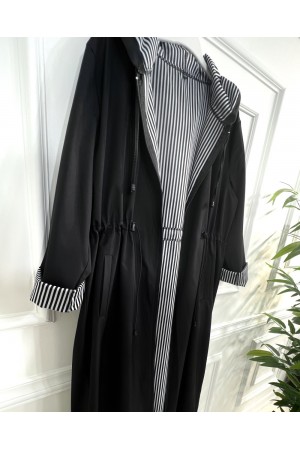 Açelya İçi Çizgili Tam Boy Trenç - Siyah 