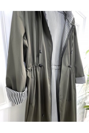 Açelya İçi Çizgili Tam Boy Trenç - Haki