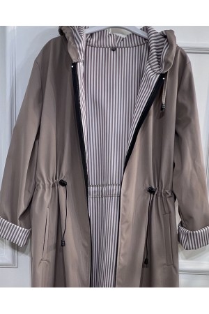 Açelya İçi Çizgili Tam Boy Trenç - Bej