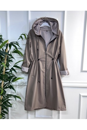 Çisem Ara Boy Duble Kol İçi Çizgi Desenli Bondit Kapşonlu Trenç  Vizon