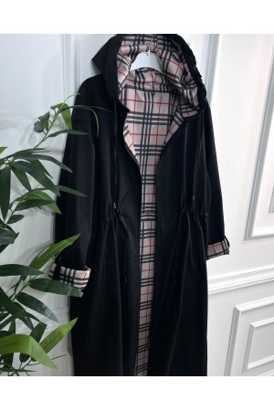 Ekim Araboy İçi Ekose Desenli Bondit Kapşonlu Trenç-Siyah 