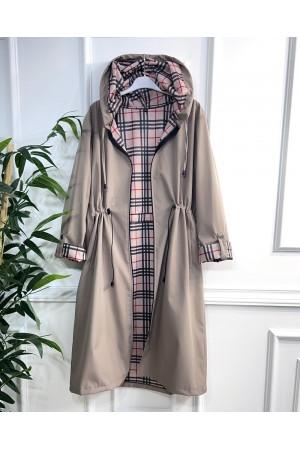 Ekim Araboy İçi Ekose Desenli Bondit Kapşonlu Trenç-Vizon