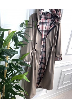 Ekim Araboy İçi Ekose Desenli Bondit Kapşonlu Trenç-Vizon