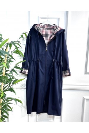 Ekim Araboy İçi Ekose Desenli Bondit Kapşonlu Trenç-Lacivert