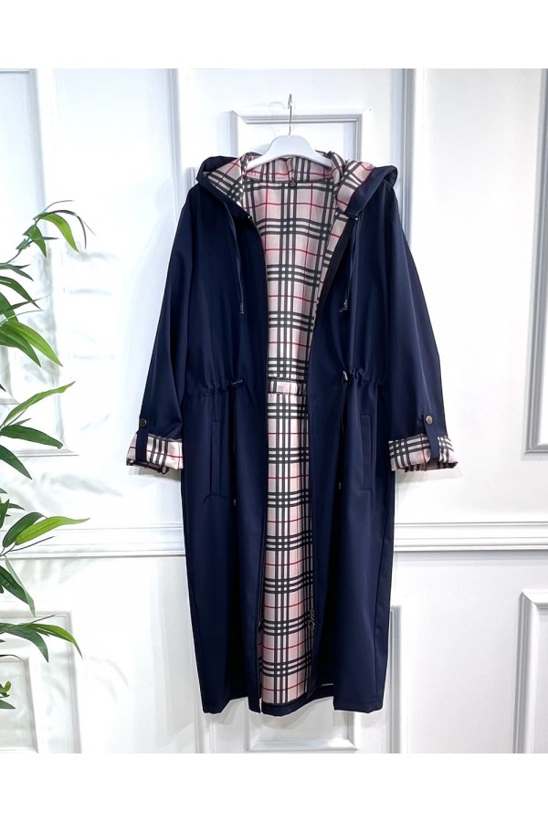 Ekim Araboy İçi Ekose Desenli Bondit Kapşonlu Trenç-Lacivert Ekim Araboy İçi Ekose Desenli Bondit Kapşonlu Trenç-Lacivert