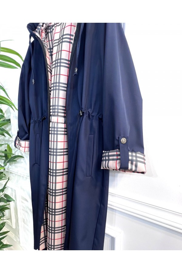 Ekim Araboy İçi Ekose Desenli Bondit Kapşonlu Trenç-Lacivert Ekim Araboy İçi Ekose Desenli Bondit Kapşonlu Trenç-Lacivert