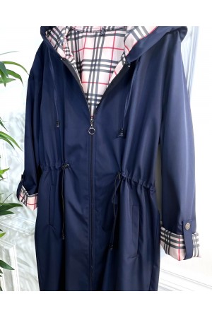 Ekim Araboy İçi Ekose Desenli Bondit Kapşonlu Trenç-Lacivert