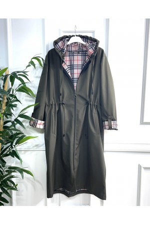 Ekim Araboy İçi Ekose Desenli Bondit Kapşonlu Trenç-Haki