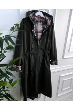 Ekim Araboy İçi Ekose Desenli Bondit Kapşonlu Trenç-Haki