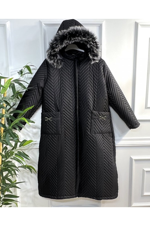 Zigana Kapşonlu Uzun Kapitone Kaban - Siyah Zigana Kapşonlu Uzun Kapitone Kaban - Siyah