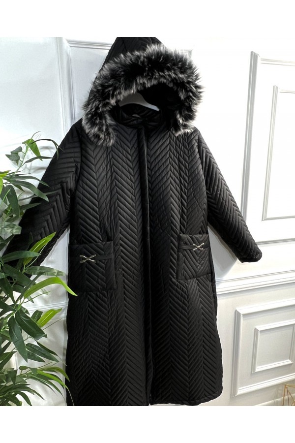 Zigana Kapşonlu Uzun Kapitone Kaban - Siyah Zigana Kapşonlu Uzun Kapitone Kaban - Siyah