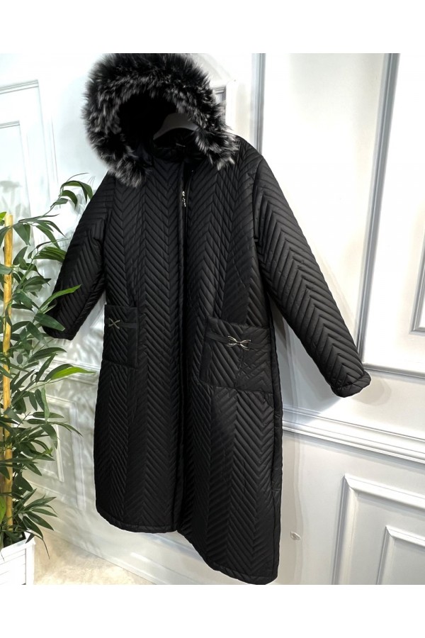 Zigana Kapşonlu Uzun Kapitone Kaban - Siyah Zigana Kapşonlu Uzun Kapitone Kaban - Siyah