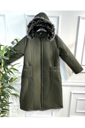 Zigana Kapşonlu Uzun Kapitone Kaban - Haki