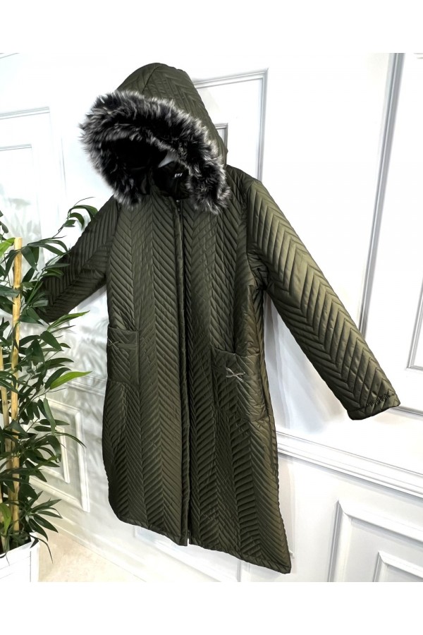 Zigana Kapşonlu Uzun Kapitone Kaban - Haki