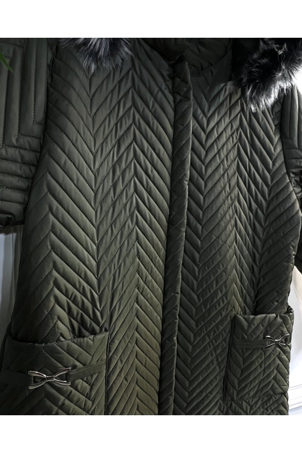 Zigana Kapşonlu Uzun Kapitone Kaban - Haki