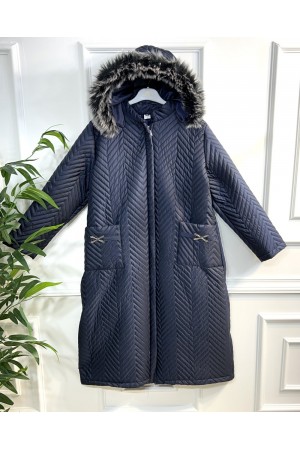 Zigana Kapşonlu Uzun Kapitone Kaban - Lacivert